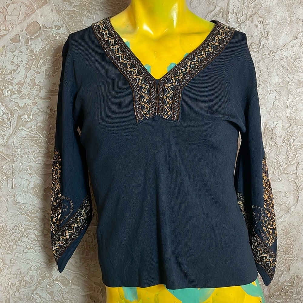 Michelle Nicole Black Boho Rustic Embroidered Beaded Western Santana Knit Top